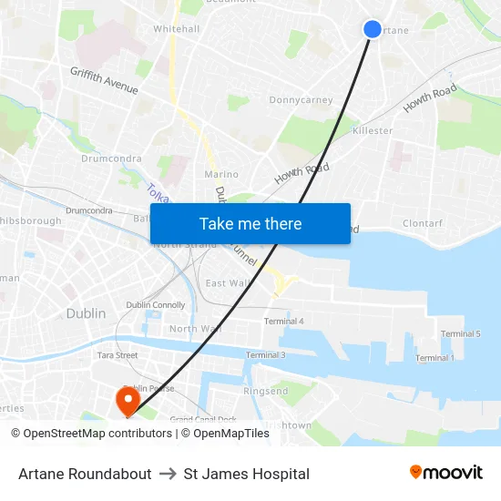 Artane Roundabout to St James Hospital map
