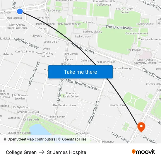 College Green to St James Hospital map