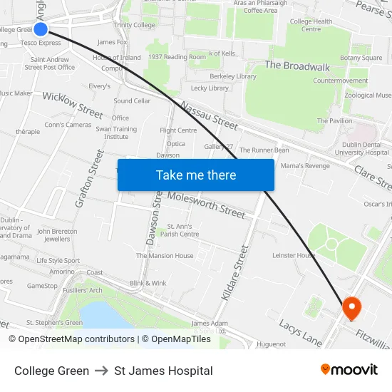 College Green to St James Hospital map