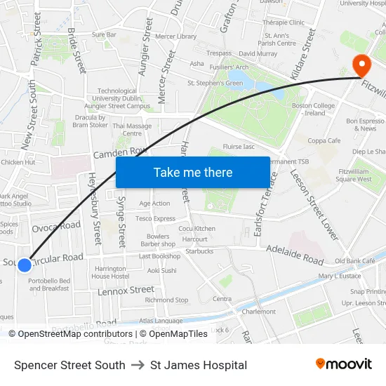 Spencer Street South to St James Hospital map