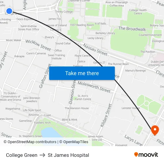 College Green to St James Hospital map