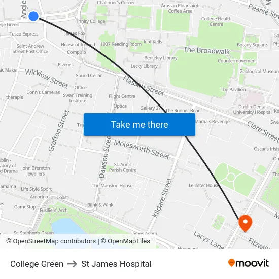 College Green to St James Hospital map