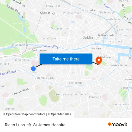 Rialto Luas to St James Hospital map