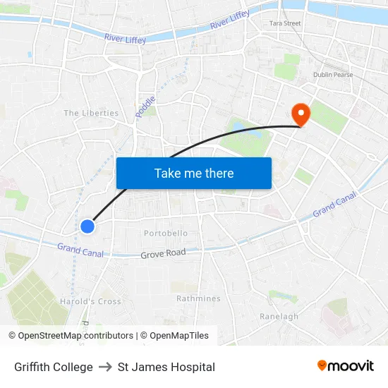 Griffith College to St James Hospital map