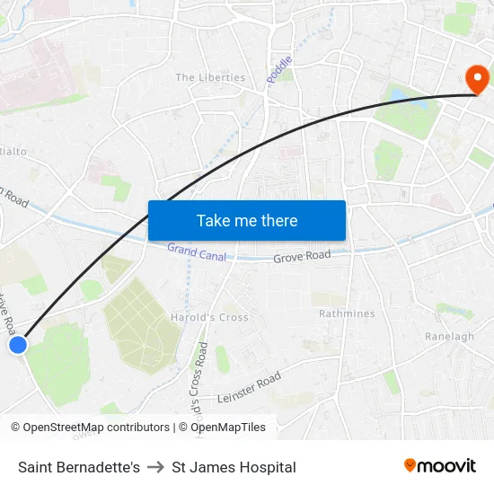 Saint Bernadette's to St James Hospital map