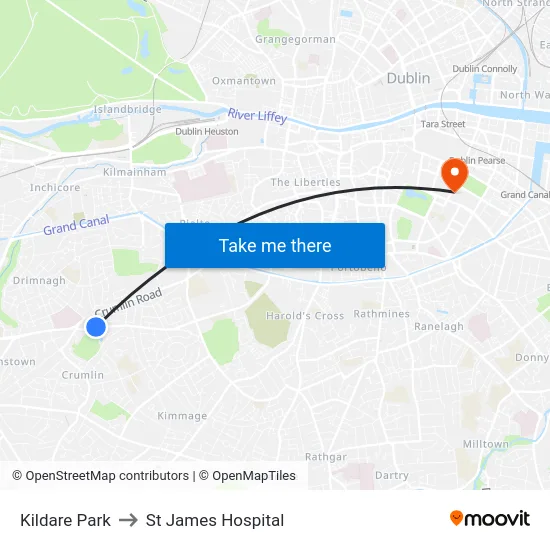 Kildare Park to St James Hospital map
