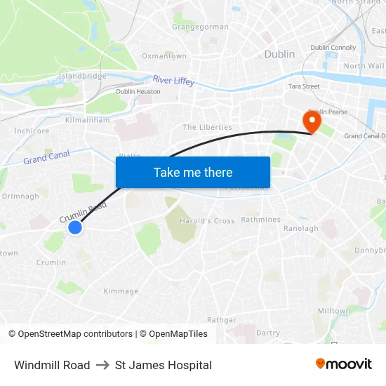 Windmill Road to St James Hospital map