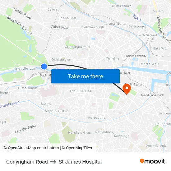 Conyngham Road to St James Hospital map
