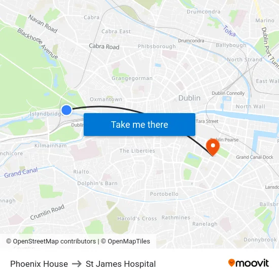 Phoenix House to St James Hospital map