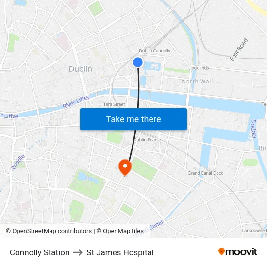 Connolly Station to St James Hospital map