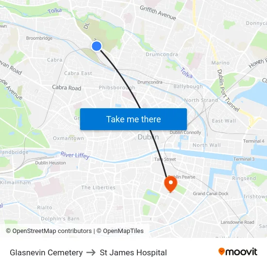 Glasnevin Cemetery to St James Hospital map