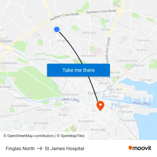 Finglas North to St James Hospital map