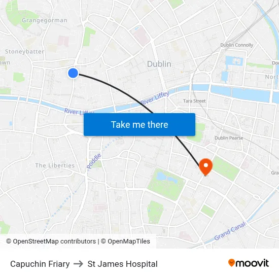 Capuchin Friary to St James Hospital map
