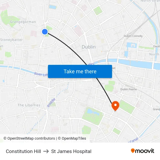 Constitution Hill to St James Hospital map