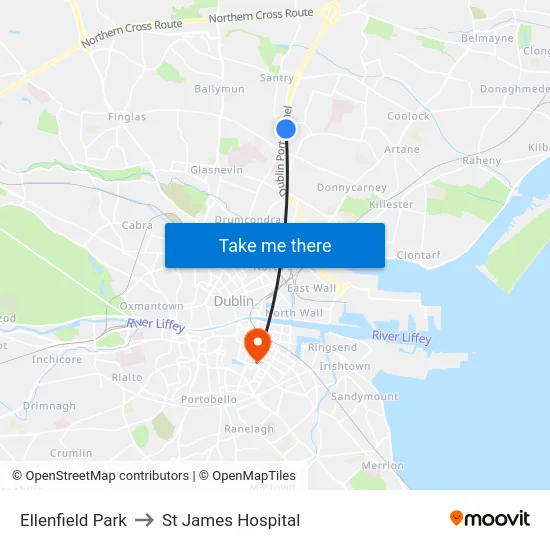 Ellenfield Park to St James Hospital map