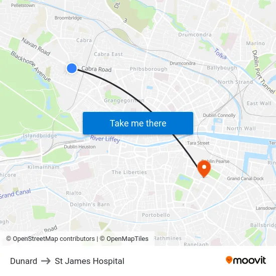 Dunard to St James Hospital map