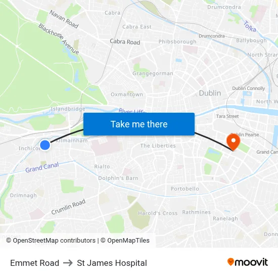 Emmet Road to St James Hospital map