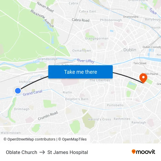Oblate Church to St James Hospital map
