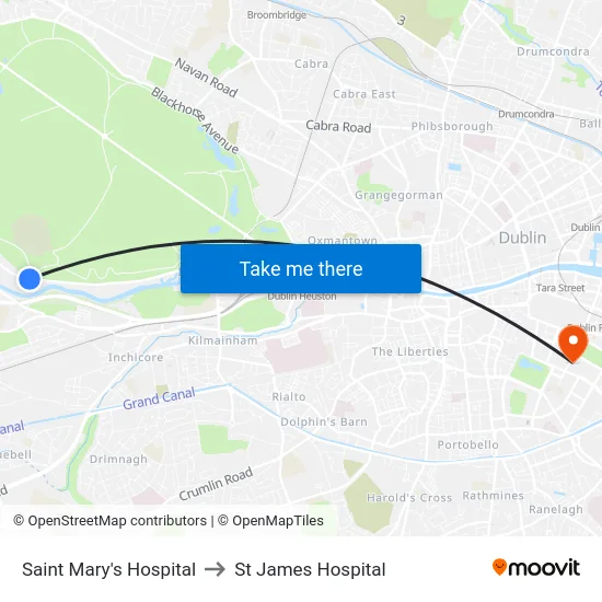 Saint Mary's Hospital to St James Hospital map
