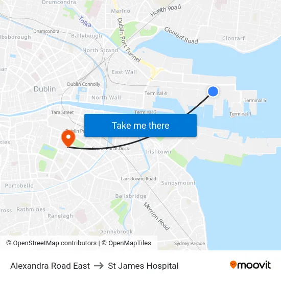 Alexandra Road East to St James Hospital map