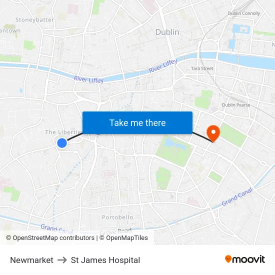 Newmarket to St James Hospital map