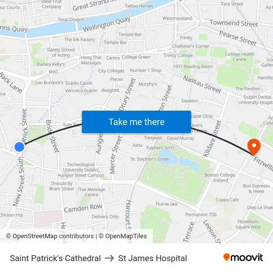 Saint Patrick's Cathedral to St James Hospital map