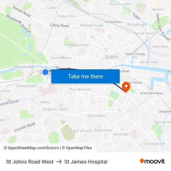 St Johns Road West to St James Hospital map