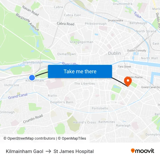 Kilmainham Gaol to St James Hospital map