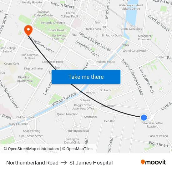 Northumberland Road to St James Hospital map