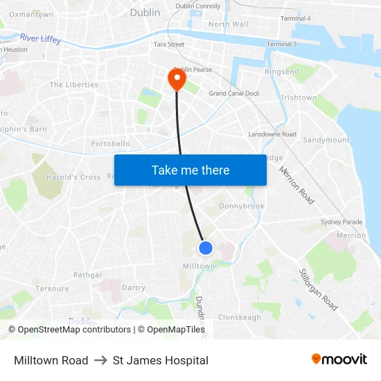 Milltown Road to St James Hospital map