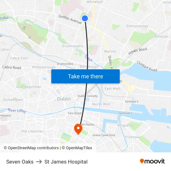 Seven Oaks to St James Hospital map
