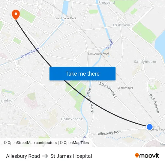 Ailesbury Road to St James Hospital map