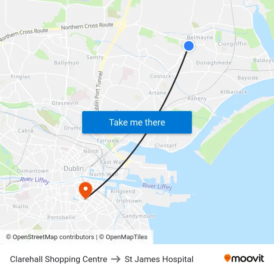 Clarehall Shopping Centre to St James Hospital map