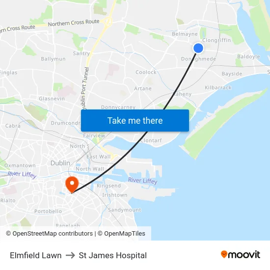 Elmfield Lawn to St James Hospital map