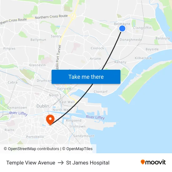 Temple View Avenue to St James Hospital map