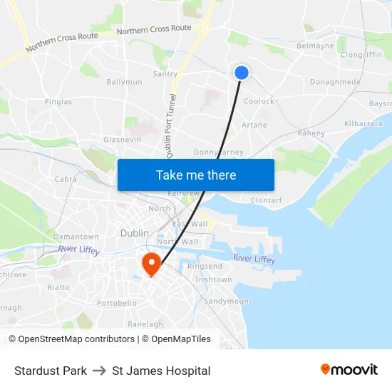 Stardust Park to St James Hospital map