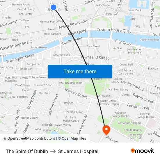The Spire Of Dublin to St James Hospital map