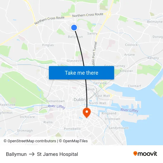 Ballymun to St James Hospital map