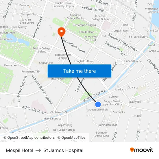 Mespil Hotel to St James Hospital map