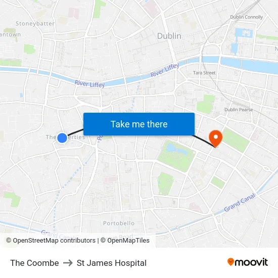 The Coombe to St James Hospital map