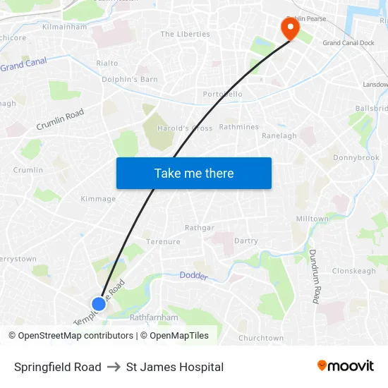Springfield Road to St James Hospital map