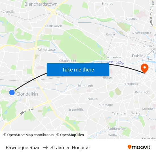 Bawnogue Road to St James Hospital map
