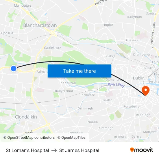 St Loman's Hospital to St James Hospital map