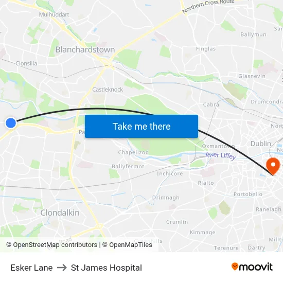 Esker Lane to St James Hospital map
