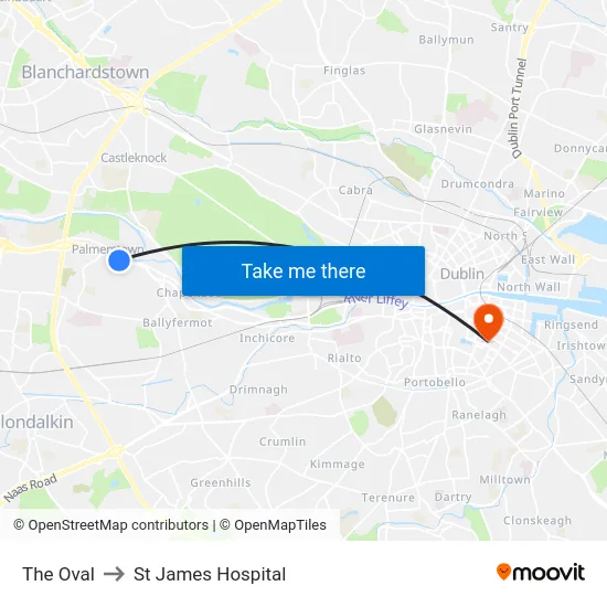 The Oval to St James Hospital map