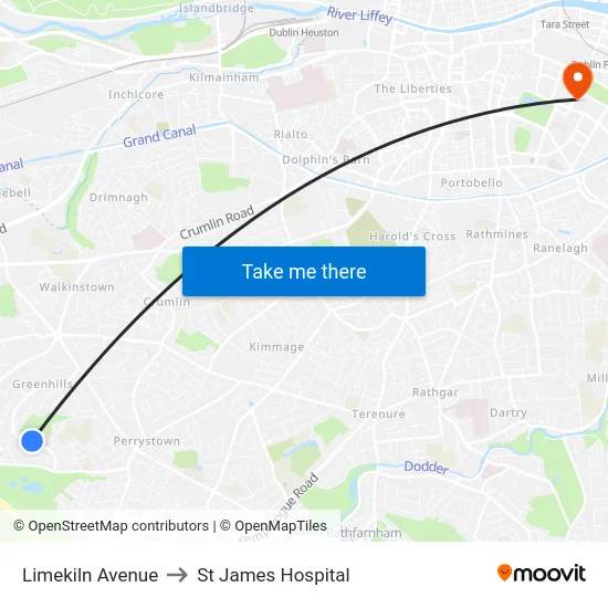 Limekiln Avenue to St James Hospital map