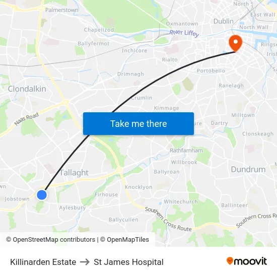 Killinarden Estate to St James Hospital map