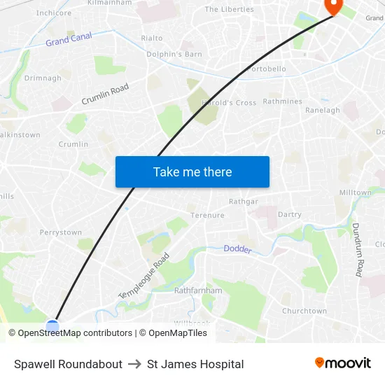 Spawell Roundabout to St James Hospital map