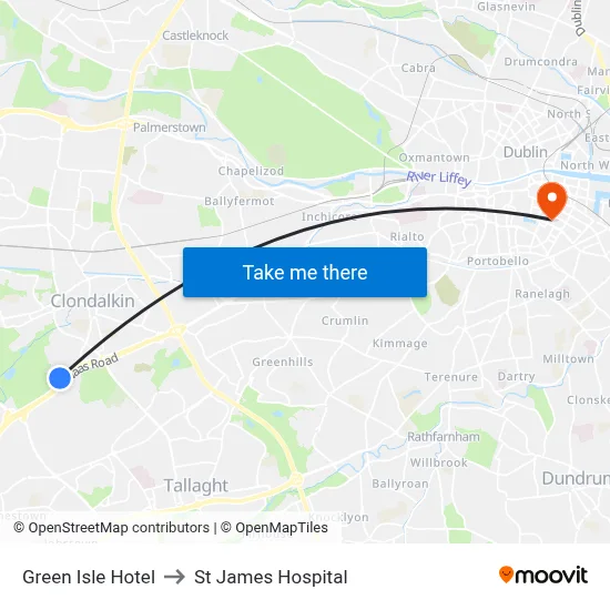 Green Isle Hotel to St James Hospital map
