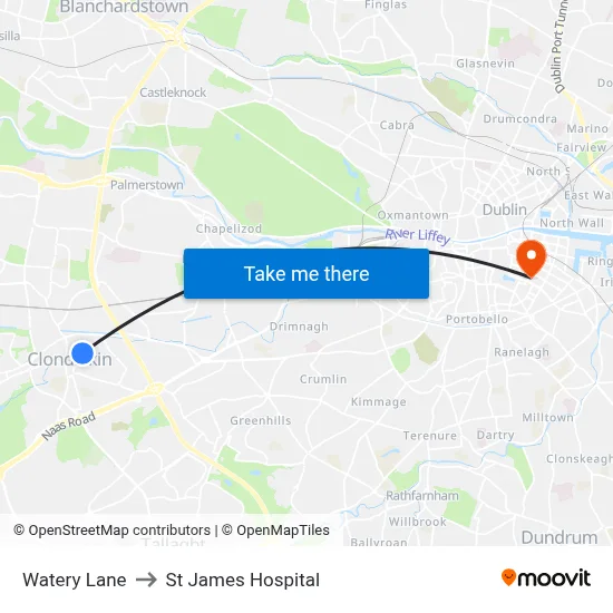 Watery Lane to St James Hospital map